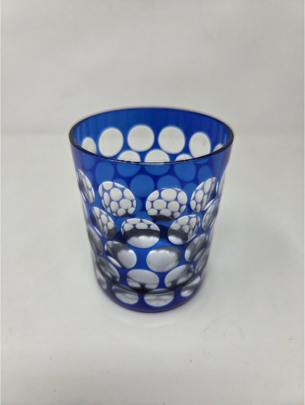 Bavarian Cobalt Blue Cut To Clear Glass Tumbler With Circular Dot Pattern
